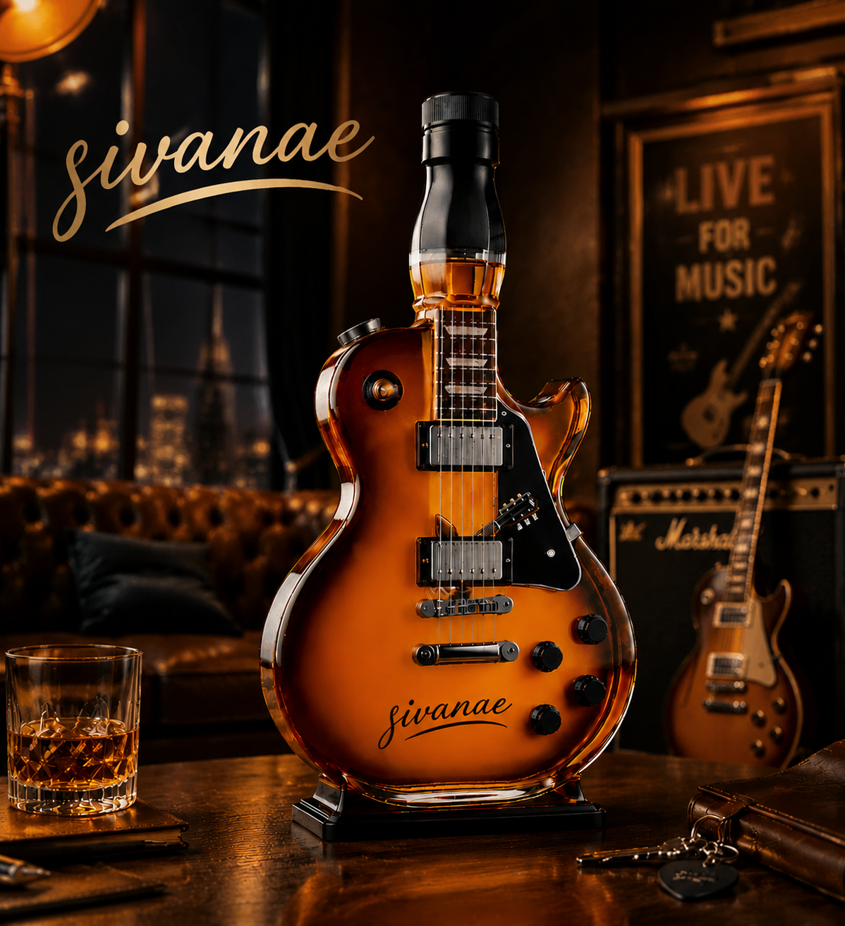 🎁 Father’s Day 50% OFF – 🔥Appetite for Rock: Vintage Sunburst Guitar Figurine Spirit Bottle