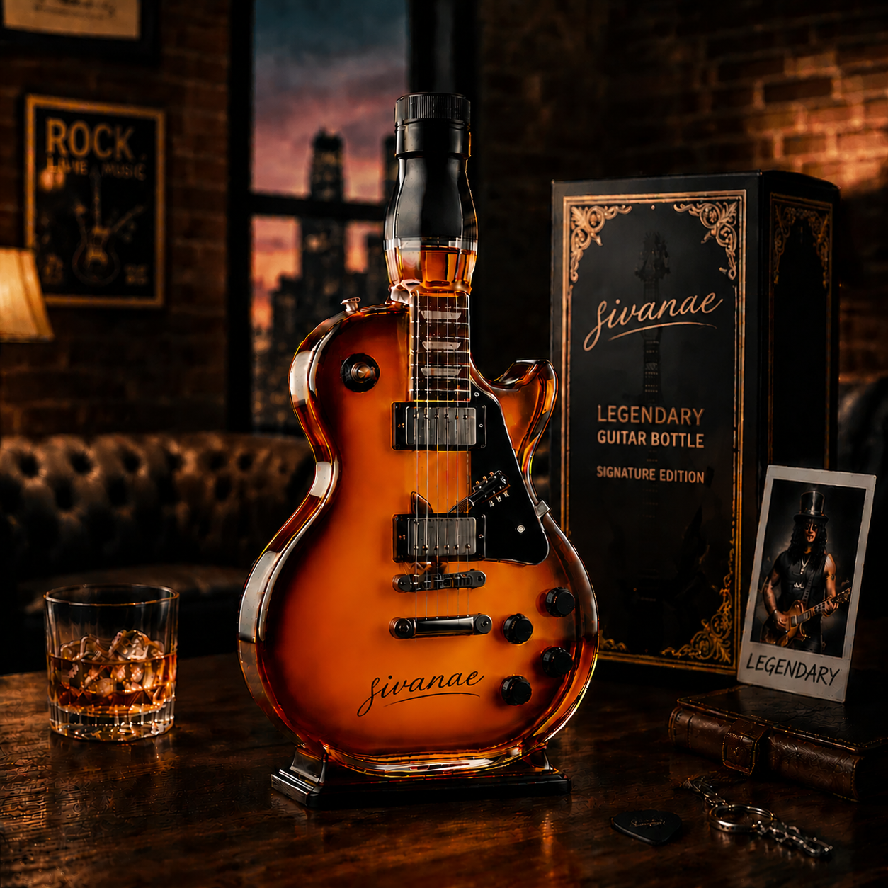 🎁 Father’s Day 50% OFF – 🔥Appetite for Rock: Vintage Sunburst Guitar Figurine Spirit Bottle